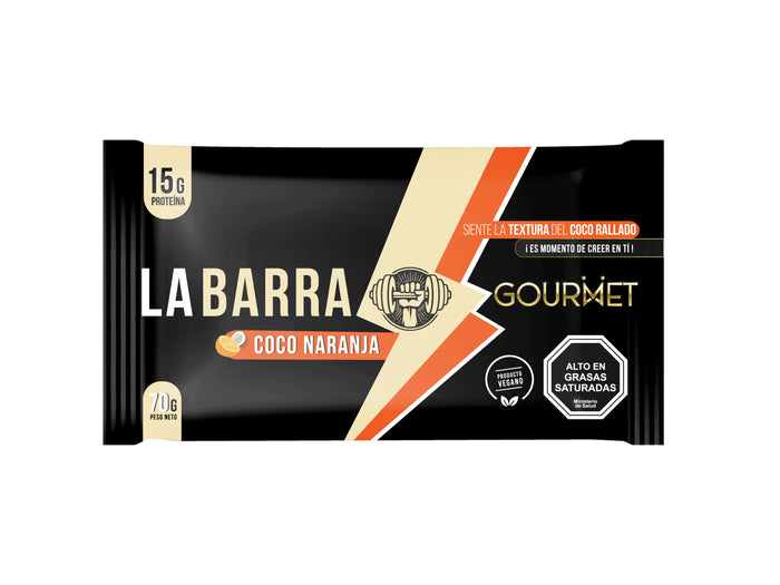 Barra Gourmet Coco Naranja – 15 gramos de proteína – Con coco rallado